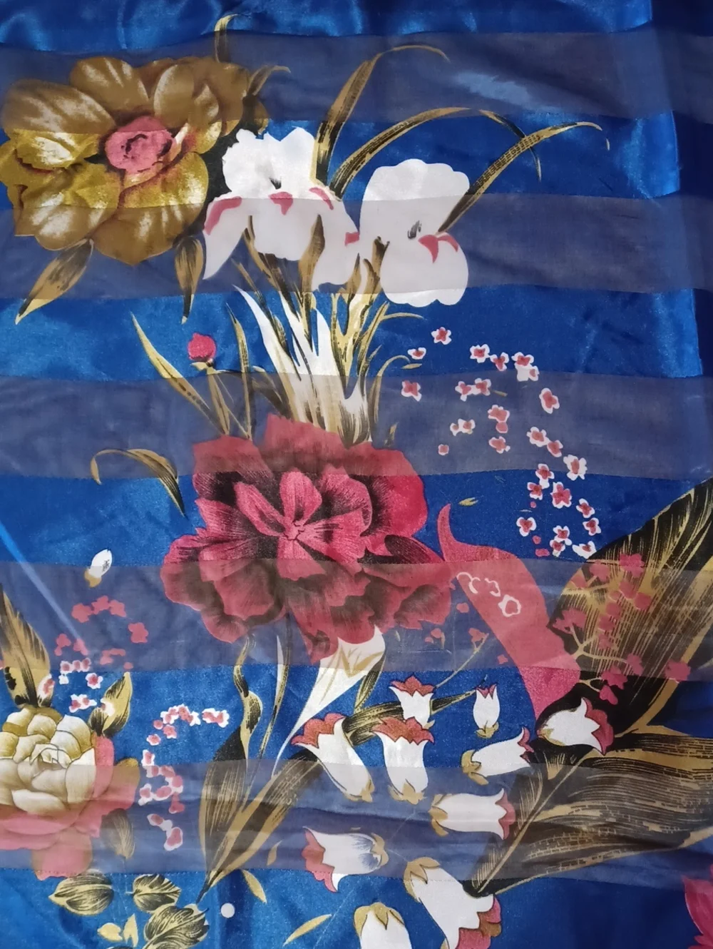 Vintage Floral Striped Square Scarf Blue Chiffon Satin 39×39 Grandma-Core